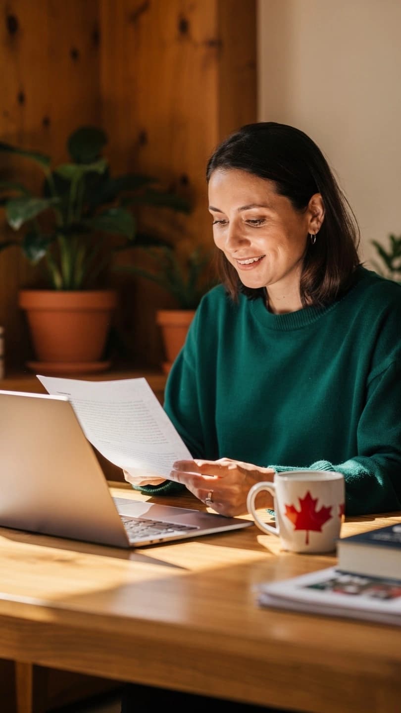 A Canadian small-business owner reviewing a contract on a laptop