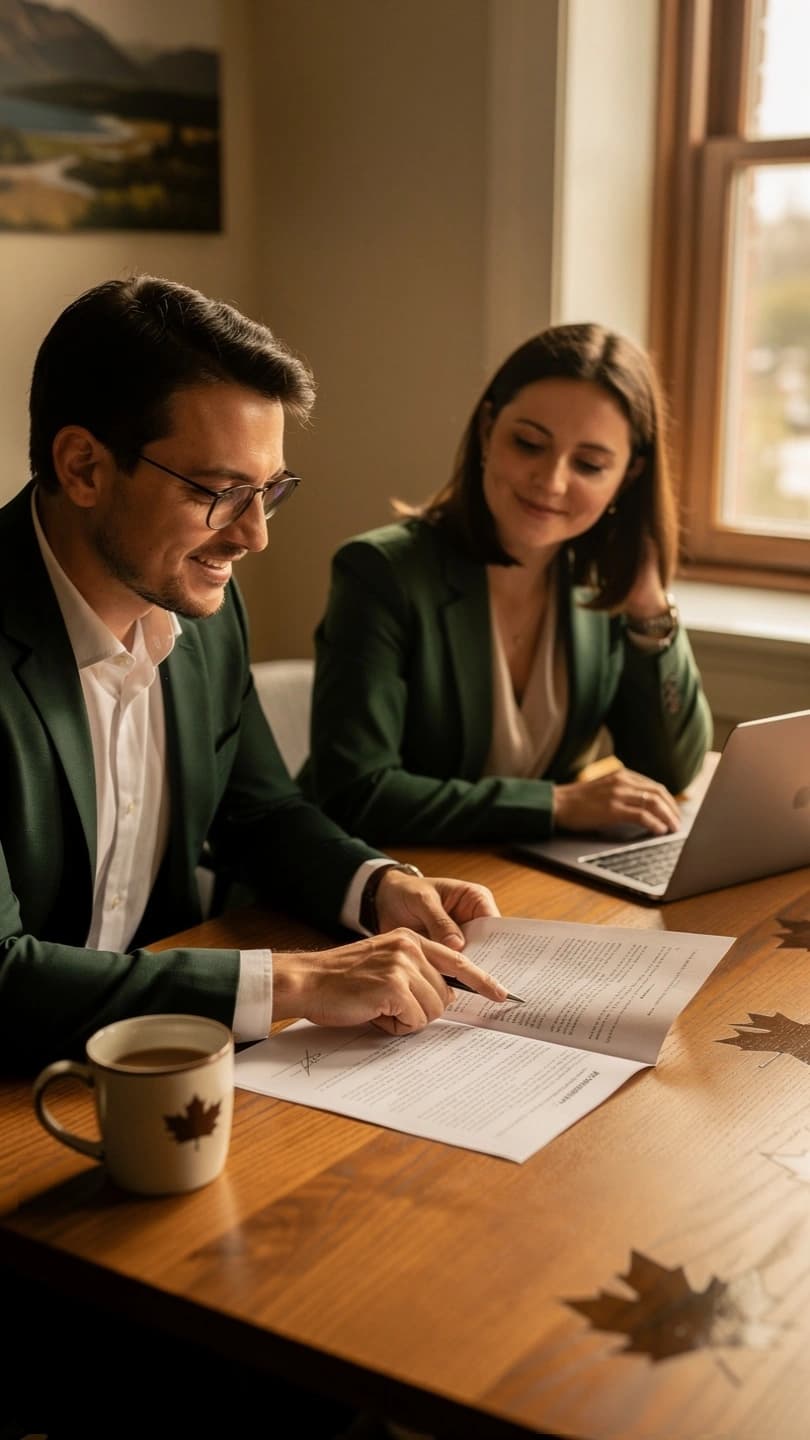 Two Canadian legal professionals reviewing a contract together