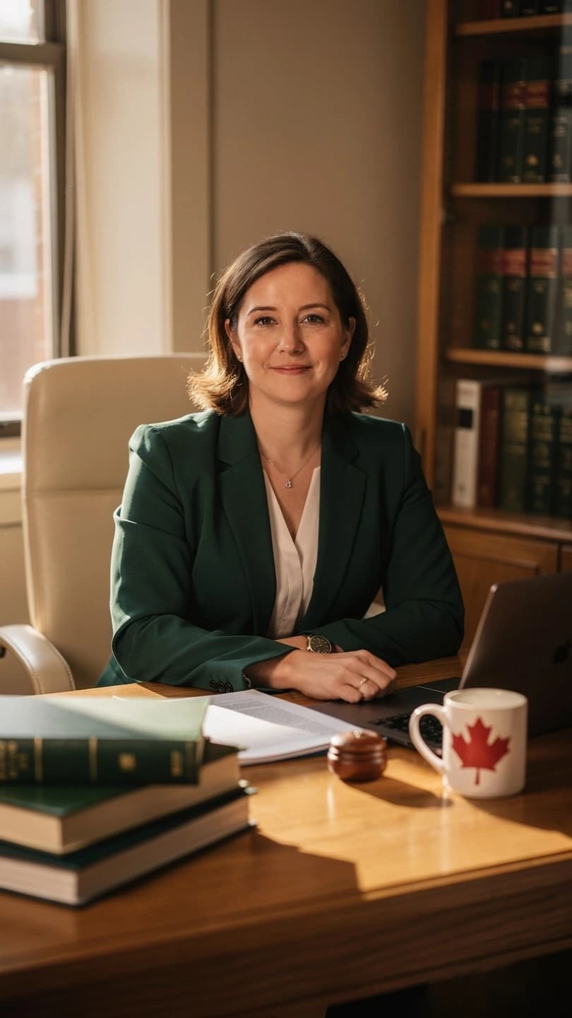 A legal professional at a tidy desk with law books