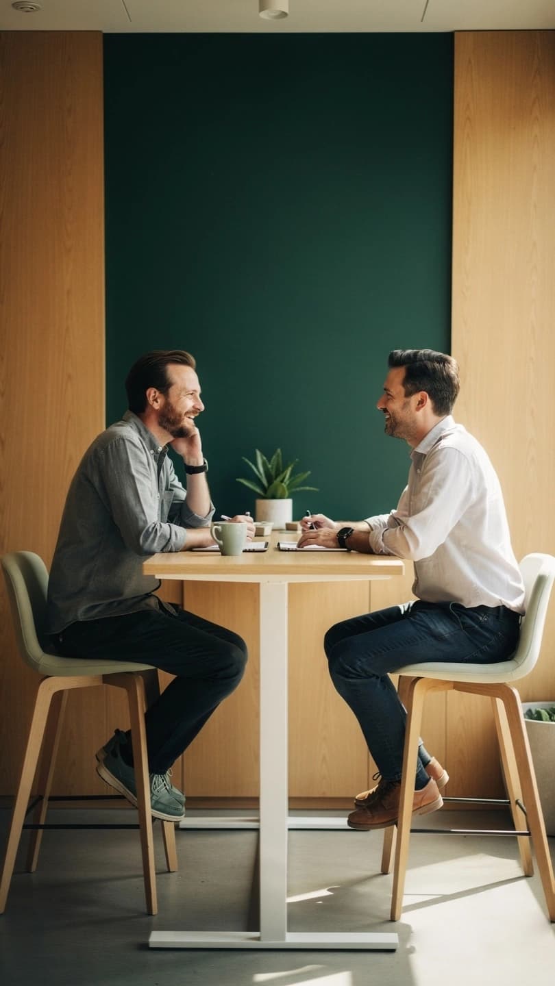 Two startup founders talking at a standing desk